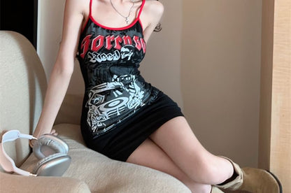 Spaghettiträgerkleid Mini Gemustertes Etuikleid Print Schriftzug