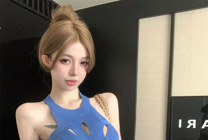 カットアウトプレーンホルターニットリブスリットトップス