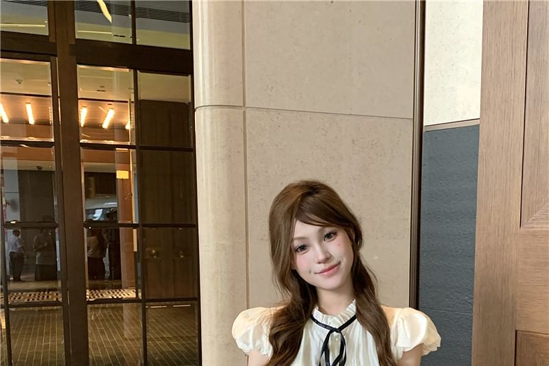 Bluse Ärmel Stehen Plain Hohe Taille Kappe Kragen Rüsche Schleife Shorts /