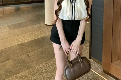 Bluse Ärmel Stehen Plain Hohe Taille Kappe Kragen Rüsche Schleife Shorts /