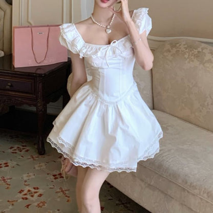 Schleife Rock Taille Ärmel Mini Plain Bluse / A-Linie Spitze Kappe Hals Trim Quadrat Rüsche Hohe