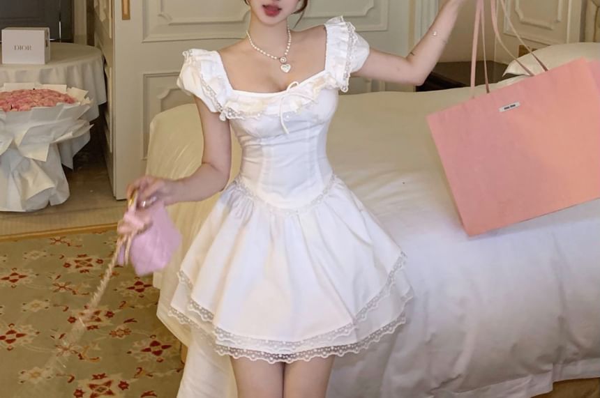 Schleife Rock Taille Ärmel Mini Plain Bluse / A-Linie Spitze Kappe Hals Trim Quadrat Rüsche Hohe