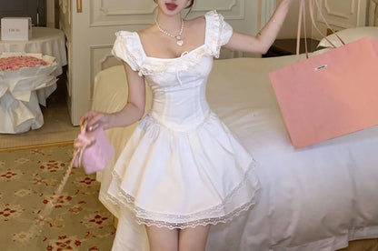 Schleife Rock Taille Ärmel Mini Plain Bluse / A-Linie Spitze Kappe Hals Trim Quadrat Rüsche Hohe