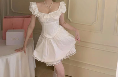 Schleife Rock Taille Ärmel Mini Plain Bluse / A-Linie Spitze Kappe Hals Trim Quadrat Rüsche Hohe