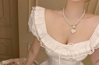 Schleife Rock Taille Ärmel Mini Plain Bluse / A-Linie Spitze Kappe Hals Trim Quadrat Rüsche Hohe