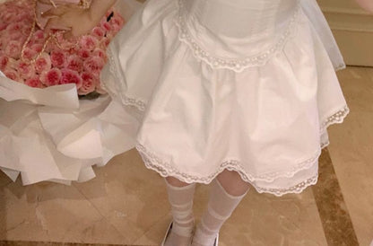 Schleife Rock Taille Ärmel Mini Plain Bluse / A-Linie Spitze Kappe Hals Trim Quadrat Rüsche Hohe