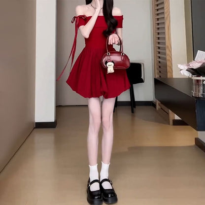 Short-Sleeve Off-Shoulder Plain Bow Accent Bubble Hem Mini A-Line Dress
