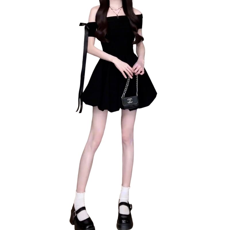 Short-Sleeve Off-Shoulder Plain Bow Accent Bubble Hem Mini A-Line Dress