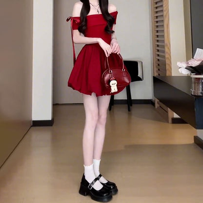 Short-Sleeve Off-Shoulder Plain Bow Accent Bubble Hem Mini A-Line Dress