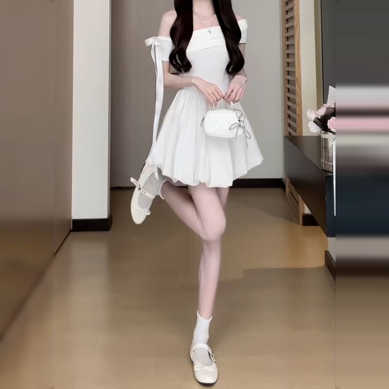 Short-Sleeve Off-Shoulder Plain Bow Accent Bubble Hem Mini A-Line Dress