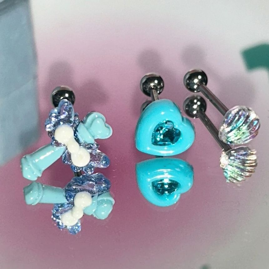 Shell, Heart and Wand Stud Earrings - Set of 3