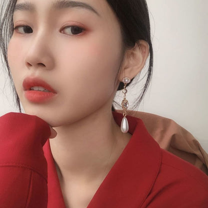 ダングルパール合金ハートイヤリングフェイクラインストーン