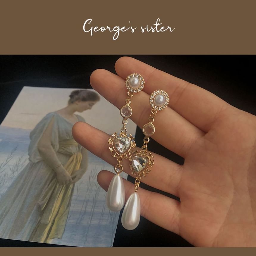 ダングルパール合金ハートイヤリングフェイクラインストーン