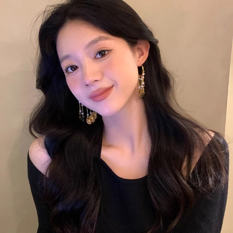 ディスクテクスチャ合金シャンデリアパールフェイクイヤリング