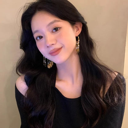 ディスクテクスチャ合金シャンデリアパールフェイクイヤリング