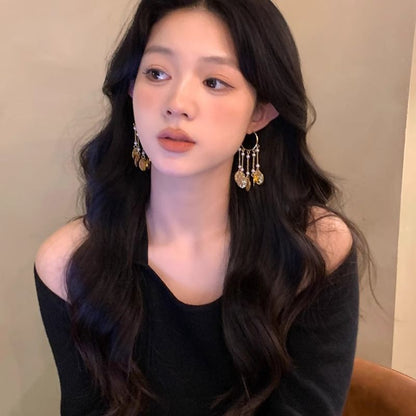 ディスクテクスチャ合金シャンデリアパールフェイクイヤリング