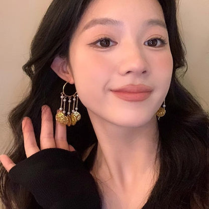 ディスクテクスチャ合金シャンデリアパールフェイクイヤリング