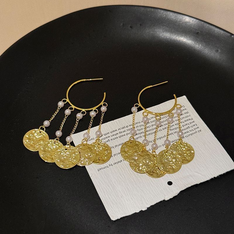 ディスクテクスチャ合金シャンデリアパールフェイクイヤリング