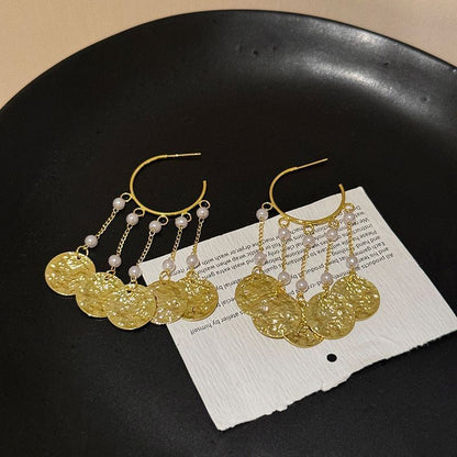 ディスクテクスチャ合金シャンデリアパールフェイクイヤリング