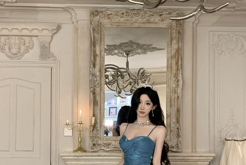 Spaghetti Strap Plain Asymmetrical Ruched Tiered Maxi A-Line Dress