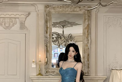 Spaghetti Strap Plain Asymmetrical Ruched Tiered Maxi A-Line Dress