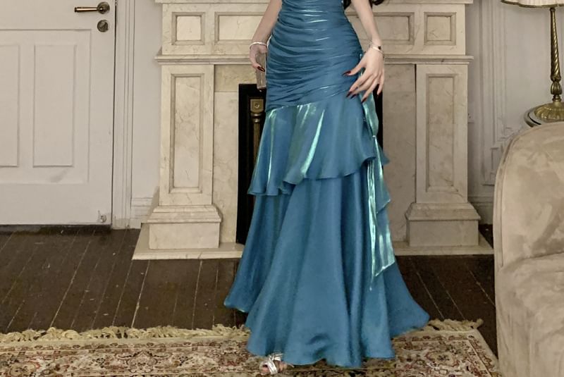 Spaghetti Strap Plain Asymmetrical Ruched Tiered Maxi A-Line Dress