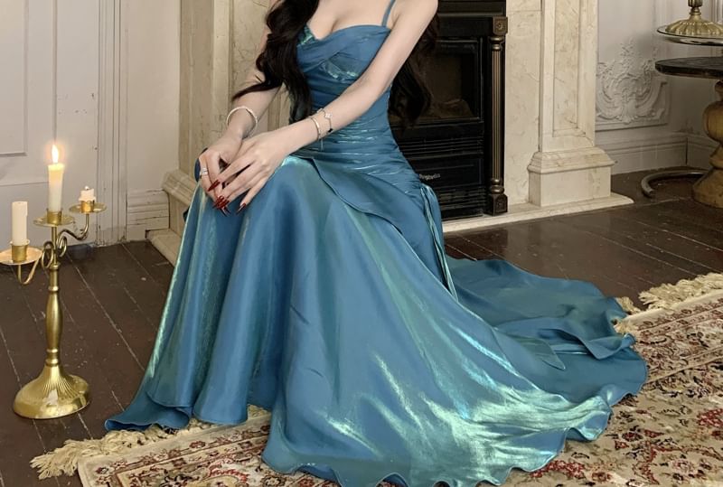 Spaghetti Strap Plain Asymmetrical Ruched Tiered Maxi A-Line Dress