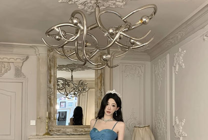 Spaghetti Strap Plain Asymmetrical Ruched Tiered Maxi A-Line Dress