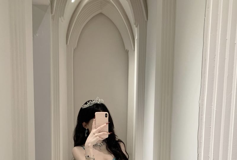 Spaghetti Strap Plain Asymmetrical Ruched Tiered Maxi A-Line Dress