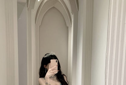 Spaghetti Strap Plain Asymmetrical Ruched Tiered Maxi A-Line Dress