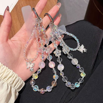 バタフライ型携帯ストラップ付きリストパッド クリスタルビーズストラップ フェイク