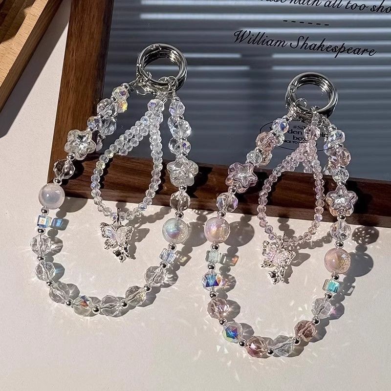 バタフライ型携帯ストラップ付きリストパッド クリスタルビーズストラップ フェイク