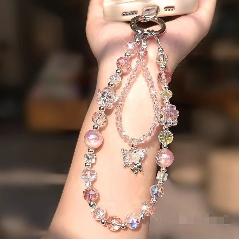 Wrist Pad with Butterfly Phone Strap Crystal Beaded Lanyard Faux