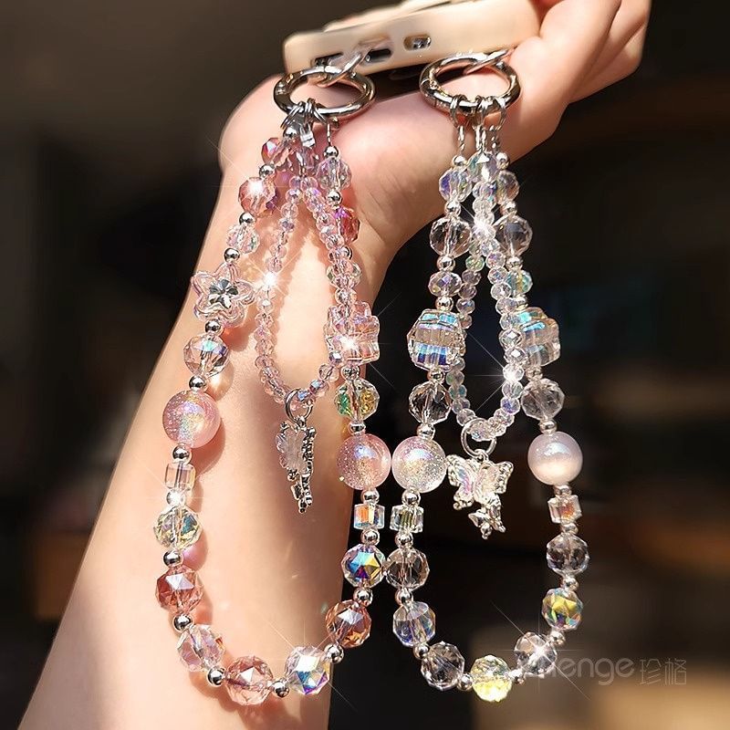 Wrist Pad with Butterfly Phone Strap Crystal Beaded Lanyard Faux