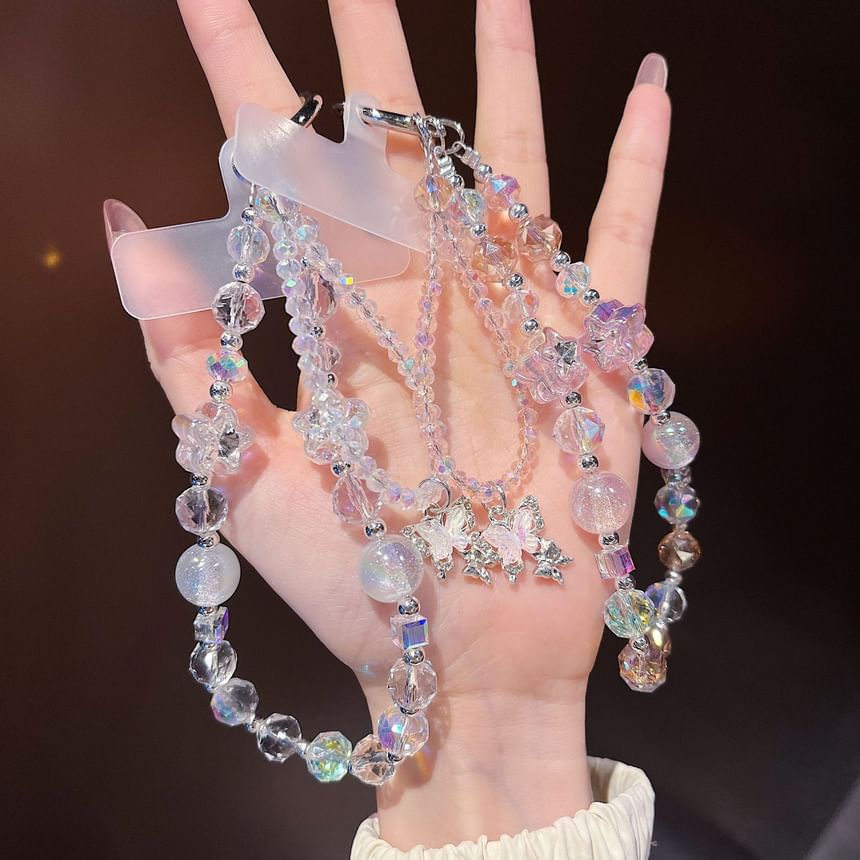 バタフライ型携帯ストラップ付きリストパッド クリスタルビーズストラップ フェイク