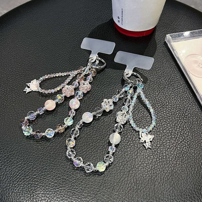 バタフライ型携帯ストラップ付きリストパッド クリスタルビーズストラップ フェイク