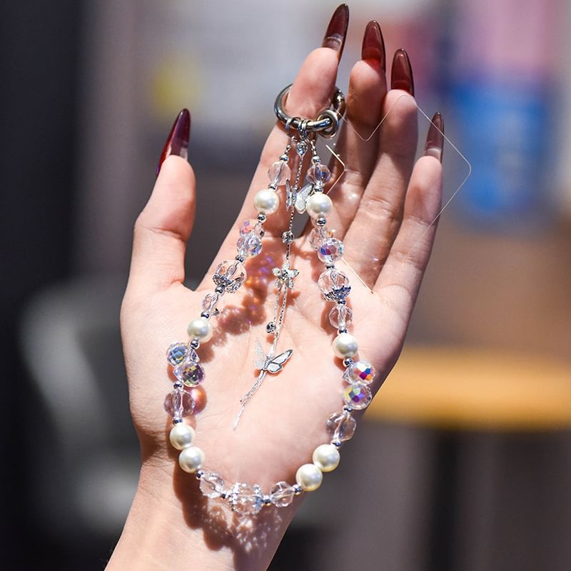 Faux Phone Pearl Pad Strap Lanyard Butterfly with Wrist