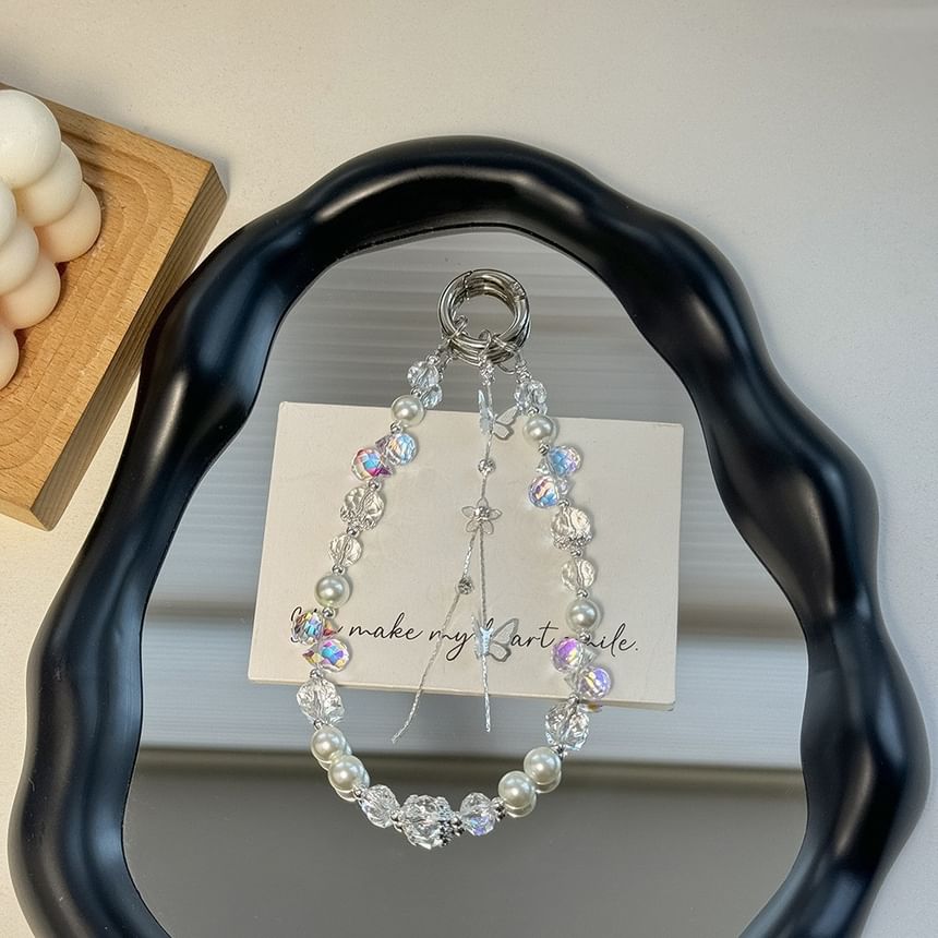 Faux Phone Pearl Pad Strap Lanyard Butterfly with Wrist