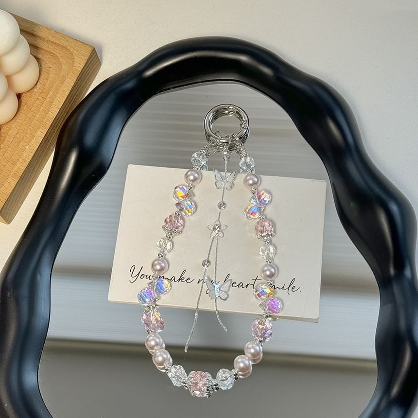 Faux Phone Pearl Pad Strap Lanyard Butterfly with Wrist