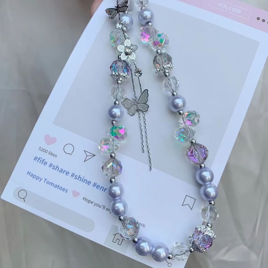 Faux Phone Pearl Pad Strap Lanyard Butterfly with Wrist