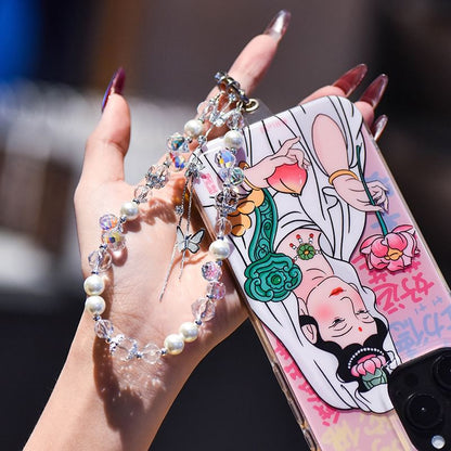 Faux Phone Pearl Pad Strap Lanyard Butterfly with Wrist