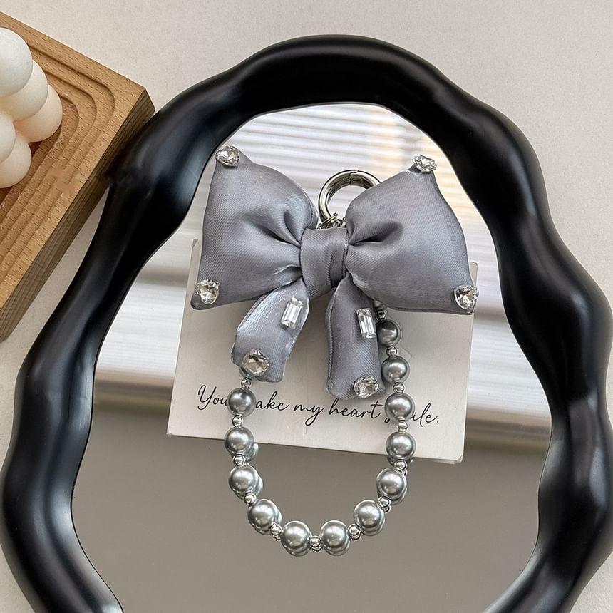 Faux Pearl Lanyard Phone with Bow Rhinestone Charm Pad