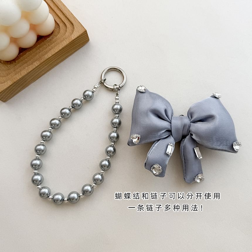 Faux Pearl Lanyard Phone with Bow Rhinestone Charm Pad