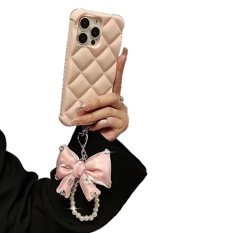 Faux Pearl Lanyard Phone with Bow Rhinestone Charm Pad