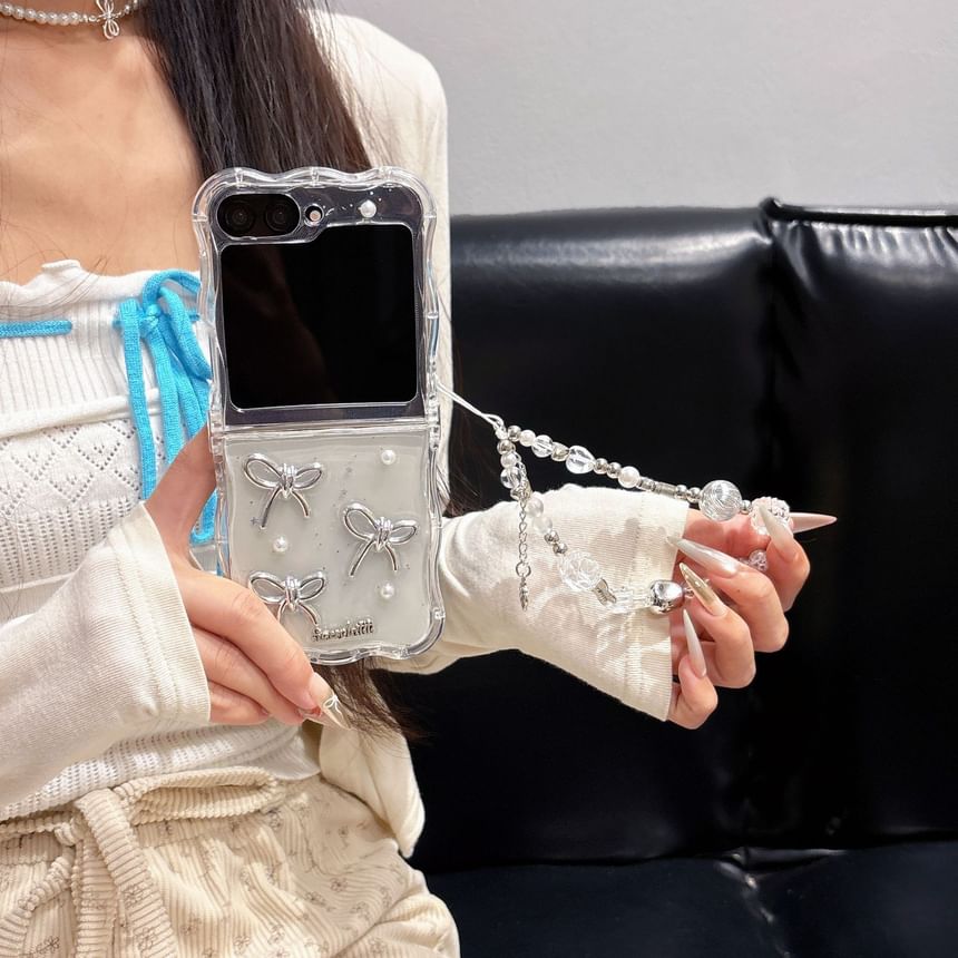 Bow Faux Pearl Transparent Phone Case and Strap Options - Compatible with Samsung