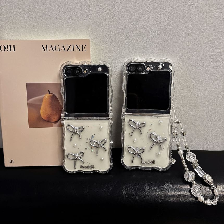 Bow Faux Pearl Transparent Phone Case and Strap Options - Compatible with Samsung