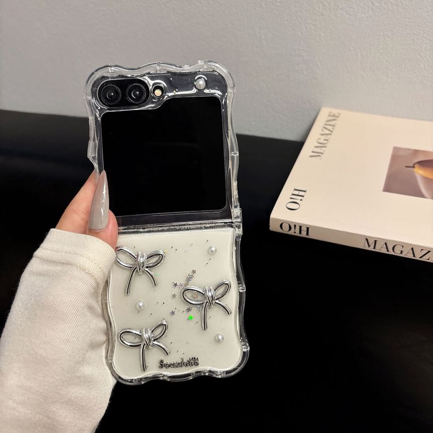 Bow Faux Pearl Transparent Phone Case and Strap Options - Compatible with Samsung