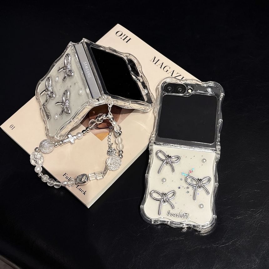 Bow Faux Pearl Transparent Phone Case and Strap Options - Compatible with Samsung