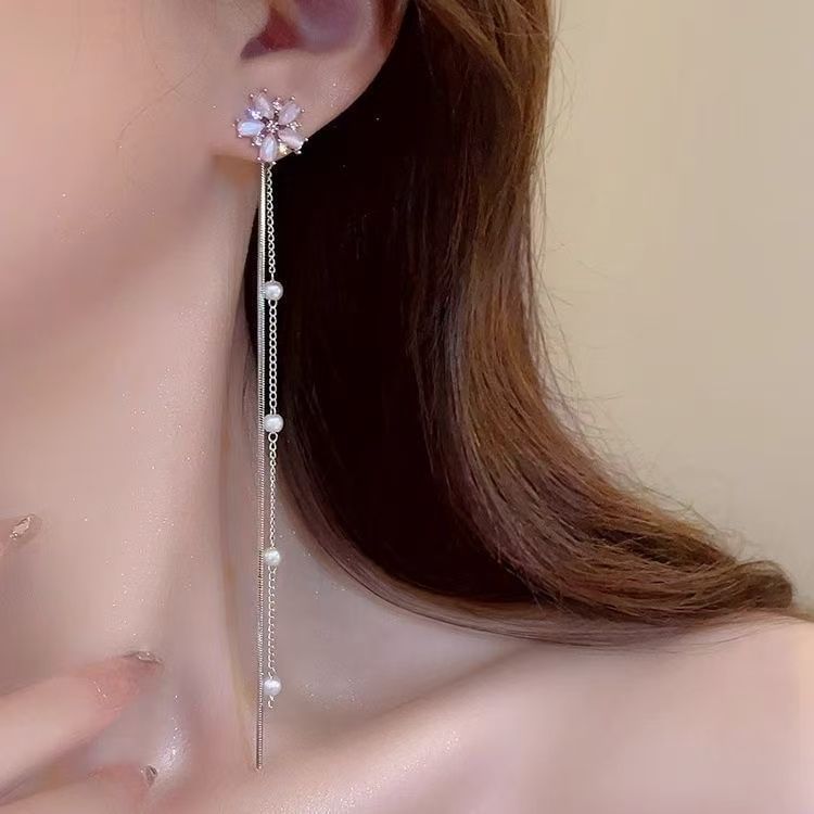 Gemstone Floral Alloy Earring Pearl Threader Faux