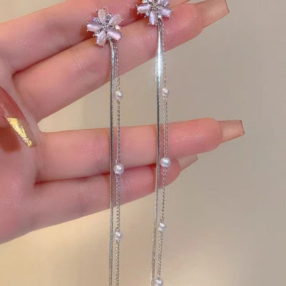 Gemstone Floral Alloy Earring Pearl Threader Faux